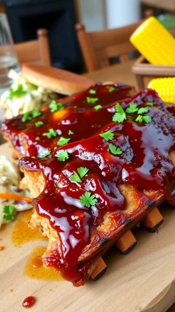 Sticky oven-baked pork ribs coated in barbecue sauce, served on a wooden board with sides of coleslaw and corn.